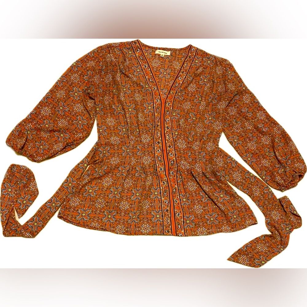 MAX STUDIO Tunic Blouse Ruched Waist Tie Back Elastic Balloon Sleeves Small